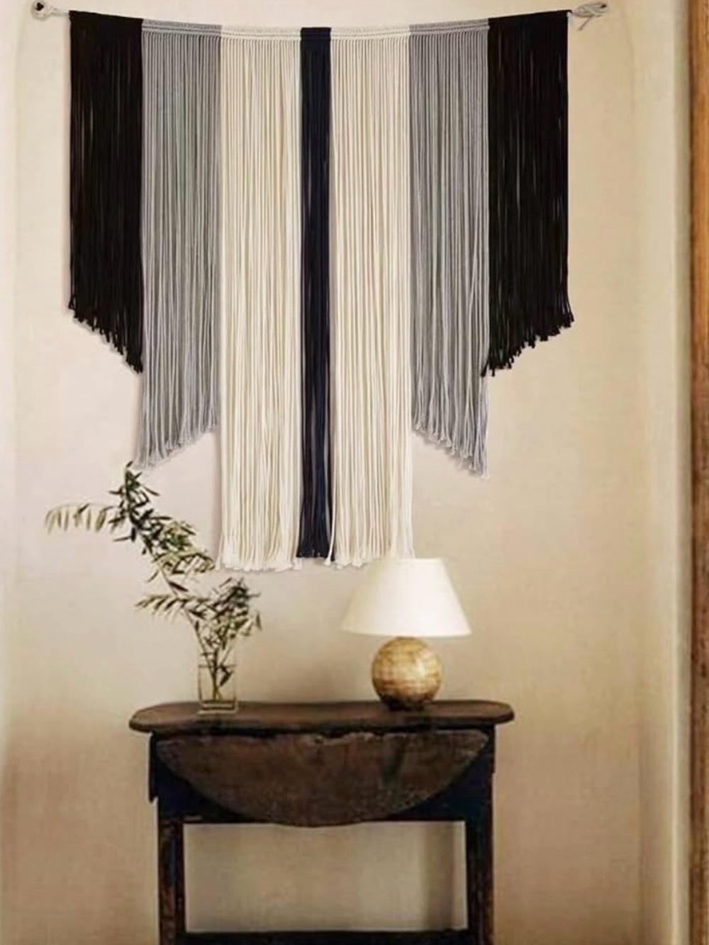 Boho Fringe Wall Hanging in Black, Gray & Cream Tapestry